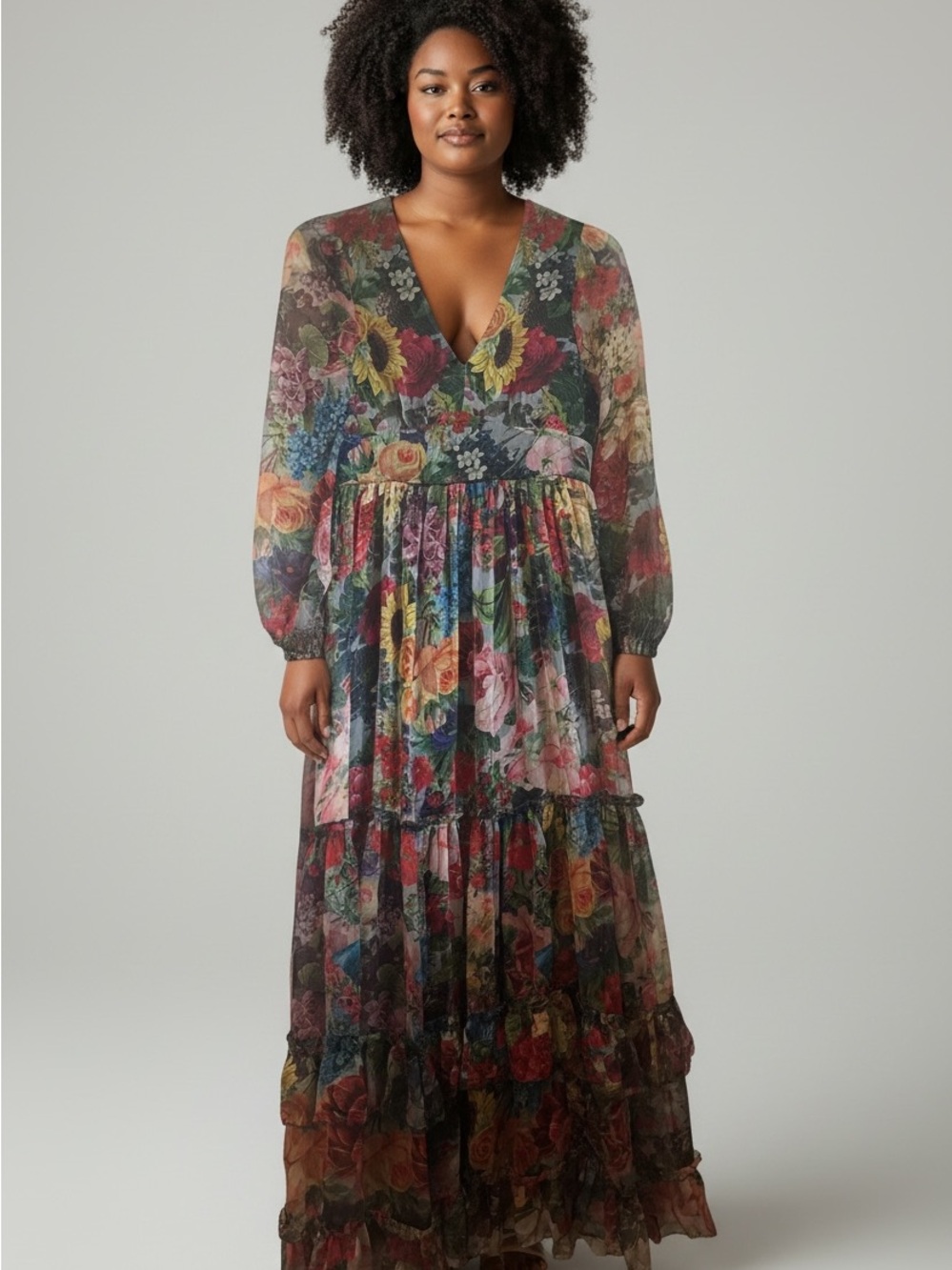 Cocktail Wedding Toleen Floral Flowy V-Neck Maxi Dress in Multi